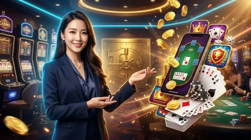 Bộ bài tây xòe ra với các biểu tượng game bài phổ biến và chip vàng