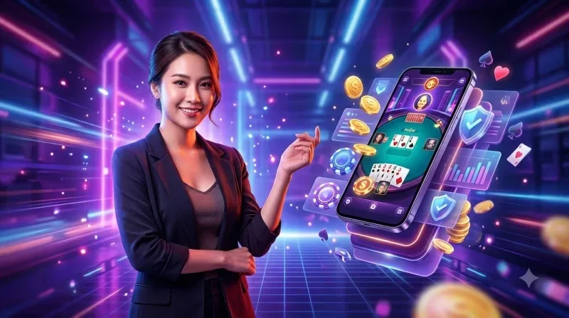 nguoi-choi-dang-cam-dien-thoai-choi-phom-online-voi-cac-la-bai-ao Người chơi đang cầm điện thoại chơi phỏm online với các lá bài ảo